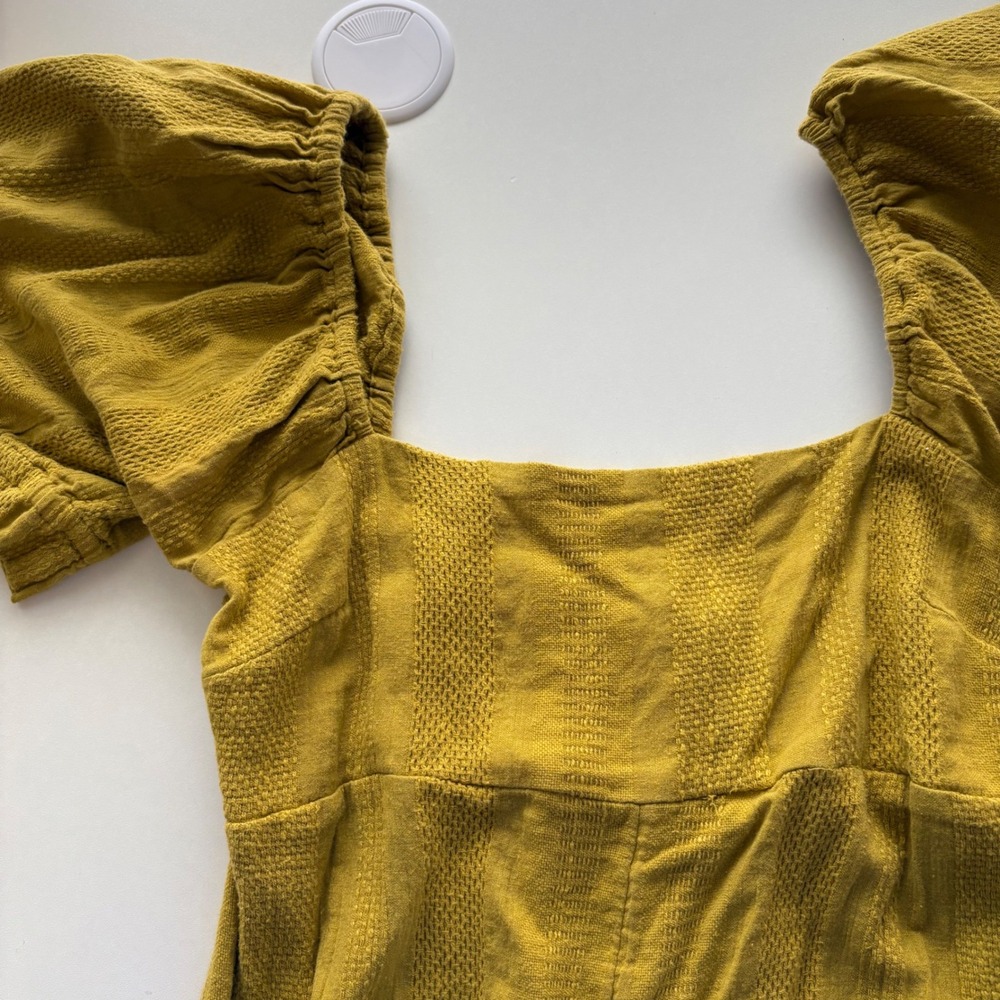 Free People Jumpsuit Womens Size 4 Mustard Yellow Puff Sleeve Wide Leg Textured